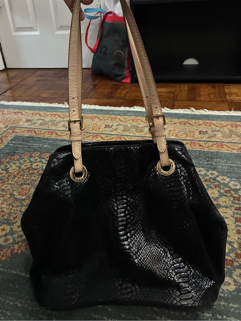 Michael Kors Black Faux-Snakeskin Shoulder Tote with Beige Straps